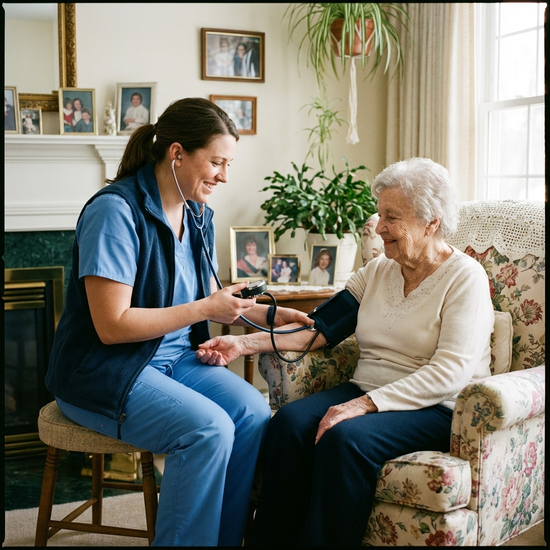 Pflegekraft misst aufmerksam den Blutdruck bei einer älteren Dame