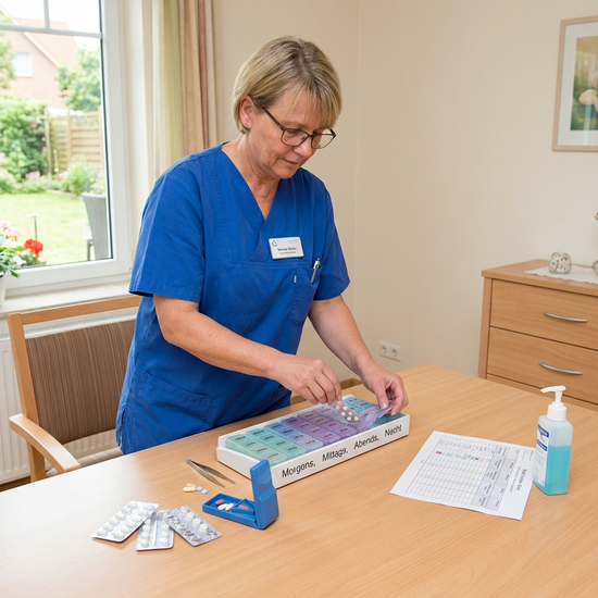 Pflegekraft bereitet an einem sauberen Tisch einen Medikamentendispenser vor