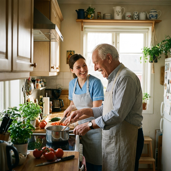 Betreuungskraft kocht gemeinsam mit einem lächelnden Senior in der Küche