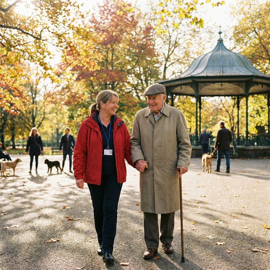 Betreuungskraft und Senior beim gemeinsamen Spaziergang im Park
