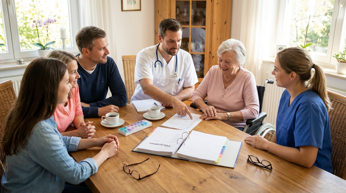 Familie, ambulanter Pfleger und Betreuungskraft besprechen gemeinsam den Pflegeplan am Wohnzimmertisch
