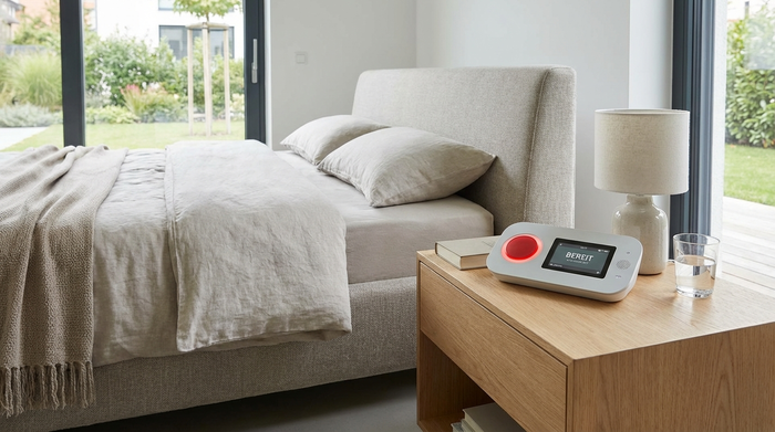 Modernes Hausnotruf-Gerät auf Nachttisch neben Bett