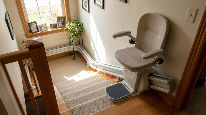 Elektrischer Sitz-Treppenlift an einer geraden Treppe in einem Einfamilienhaus