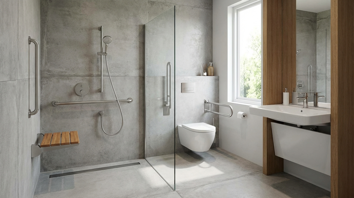 Modernes, barrierefreies Badezimmer mit ebenerdiger Dusche und Haltegriffen