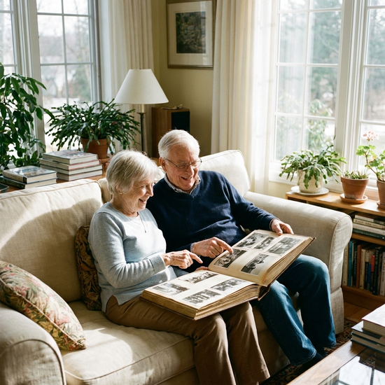 Senioren-Ehepaar sitzt entspannt auf dem Sofa im hellen Wohnzimmer und betrachtet gemeinsam ein Fotoalbum