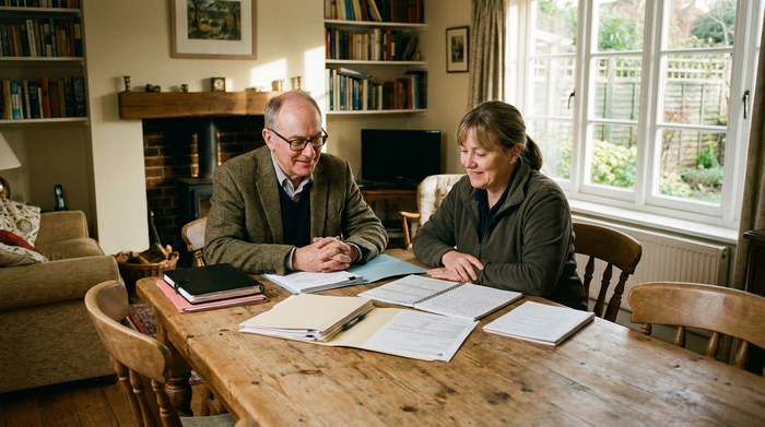 Gutachter und Pflegeperson sitzen gemeinsam am Wohnzimmertisch und besprechen in ruhiger Atmosphäre Unterlagen