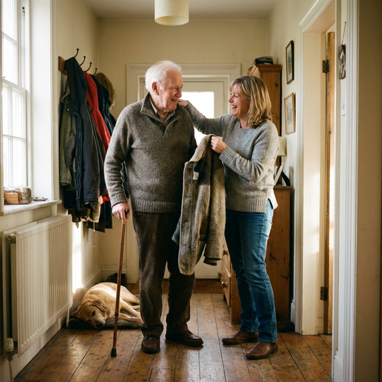 Tochter hilft ihrem älteren Vater liebevoll beim Anziehen einer warmen Jacke im Flur