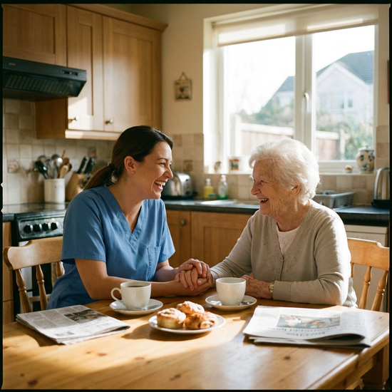 Professionelle Pflegekraft in blauer Dienstkleidung unterhält sich freundlich mit einer Seniorin am Küchentisch