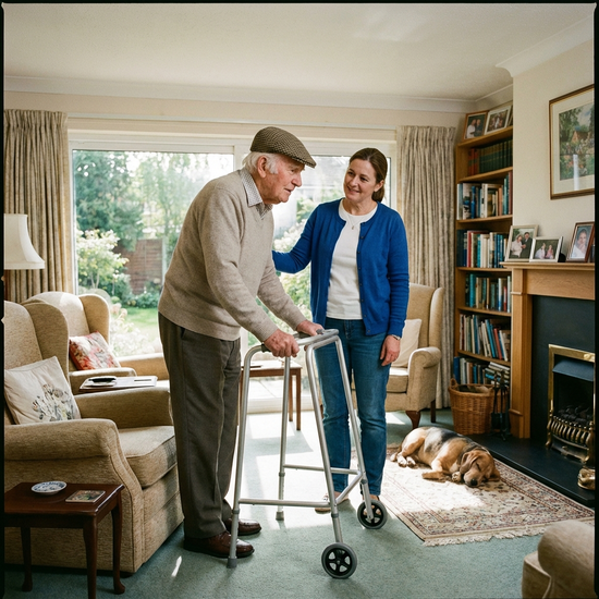 Älterer Herr stützt sich auf einen Rollator, während eine Pflegekraft ihn im Wohnzimmer begleitet