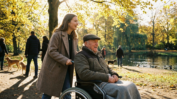 Junge Frau geht mit einem älteren Herrn im Rollstuhl in einem sonnigen Park spazieren