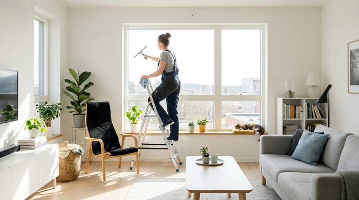 Reinigungskraft putzt gründlich die großen Fenster in einem aufgeräumten, hellen Wohnzimmer