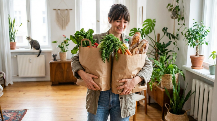 Frau trägt zwei Papiertüten mit frischem Gemüse und Lebensmitteln in eine Wohnung