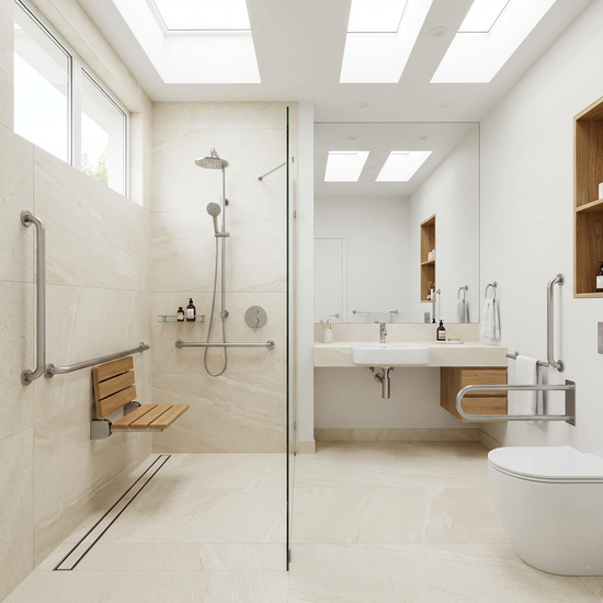 Modernes, helles und barrierefreies Badezimmer mit einer bodengleichen Dusche, stabilen Haltegriffen und einem klappbaren Duschsitz