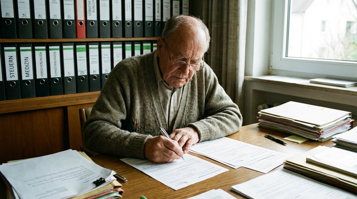 Älterer Herr sitzt konzentriert an einem Schreibtisch und füllt Antragsformulare aus, daneben liegen ordentlich sortierte Aktenordner