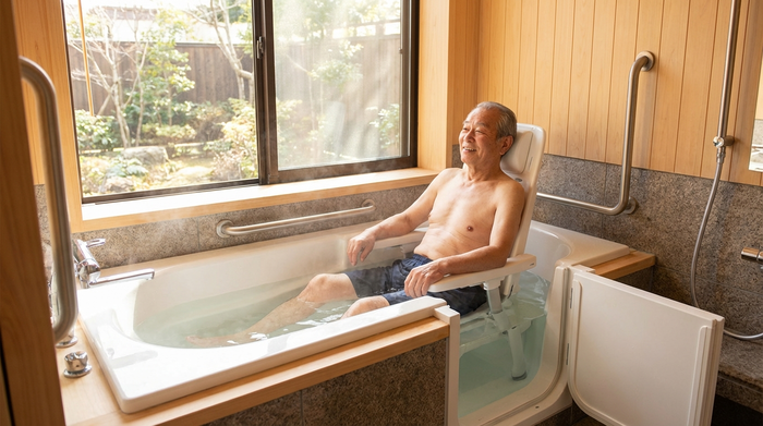 Älterer Herr genießt entspannt ein warmes Bad in einer hellen, barrierefreien Badewanne, unterstützt durch einen weißen Sitzlift