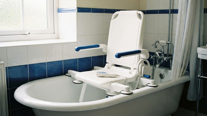 Klassischer Badewannen-Sitzlift mit stabiler Rückenlehne in einer weißen Wanne