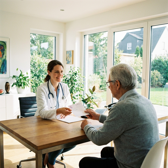 Ärztin stellt in heller Praxis ein Rezept für einen älteren Patienten aus