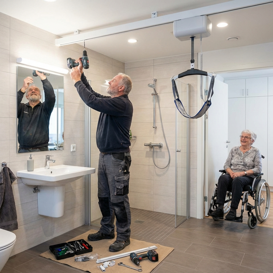 Handwerker installiert fachgerecht einen Lift im Badezimmer