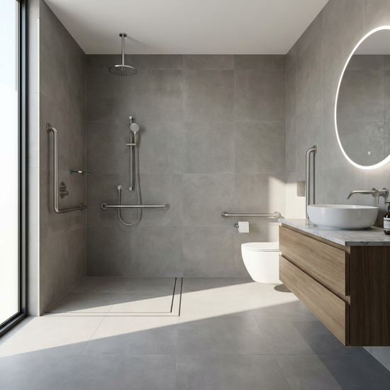 Sauberes, modernes Badezimmer mit bodengleicher Dusche und Haltegriffen