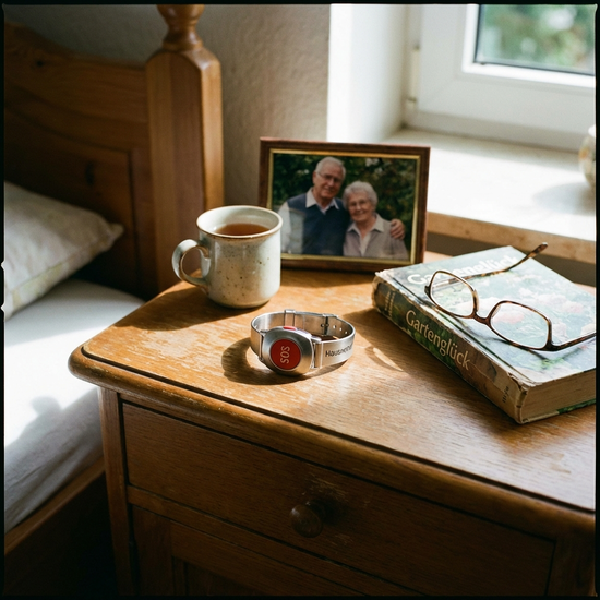 Hausnotruf-Armband auf einem Nachttisch