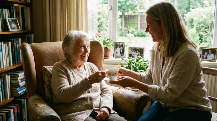 Ältere Dame lächelt entspannt in einem Sessel, während ihre Tochter ihr eine Tasse Tee reicht