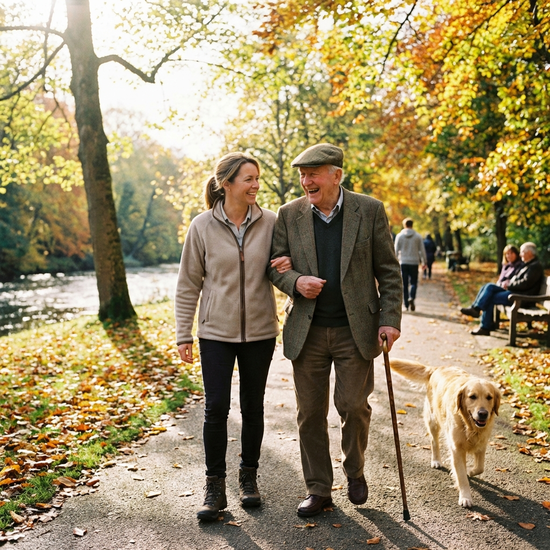 Pflegekraft und Senior beim gemeinsamen Spaziergang im Park