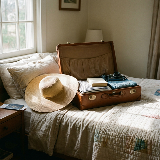 Gepackter Koffer und Sonnenhut liegen bereit auf einem Bett