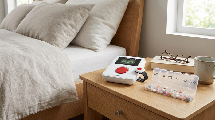 Hausnotruf-Gerät und eine Medikamentenbox auf einem aufgeräumten Nachttisch neben einem Bett
