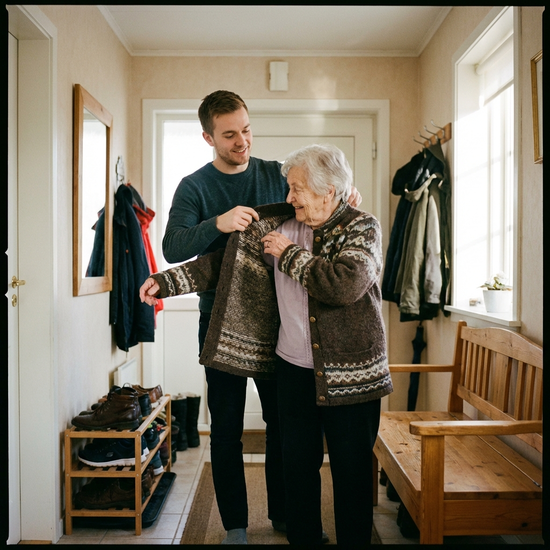 Junger Mann hilft einer älteren Frau beim Anziehen einer Jacke im Flur