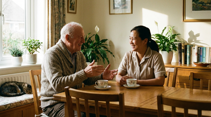 Pflegerin und Senior im entspannten Gespräch am Esstisch