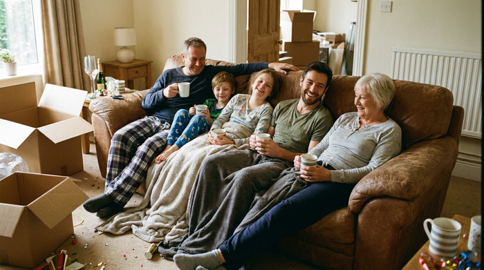 Erschöpfte aber lächelnde Angehörige entspannt sich bei einer Tasse Kaffee auf dem Sofa