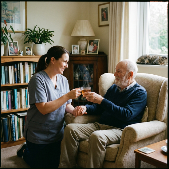 Pflegerin reicht einem Senior liebevoll eine Tasse Tee