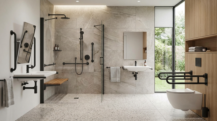 Modernes, barrierefreies Badezimmer mit Haltegriffen