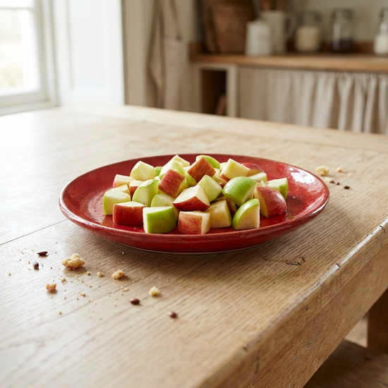 Roter Teller mit mundgerechten Apfelstücken auf hellem Tisch