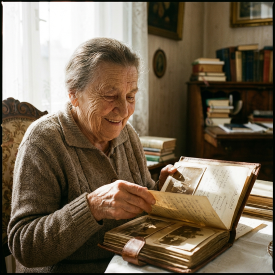 Ältere Dame blättert lächelnd in einem alten Fotoalbum