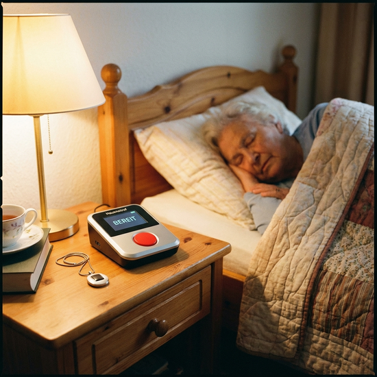 Hausnotruf-Gerät auf Nachttisch neben Bett