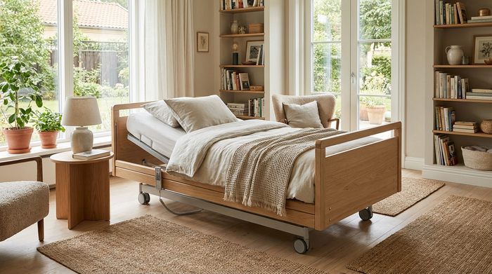 Ein modernes Pflegebett mit frisch bezogener Wäsche in einem gemütlich und hell eingerichteten Schlafzimmer.