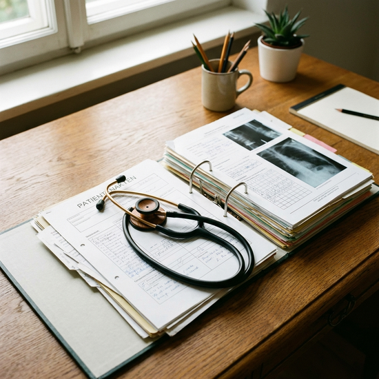 Ein aufgeräumter Holzschreibtisch mit einem Ordner voller medizinischer Dokumente und einem Stethoskop.