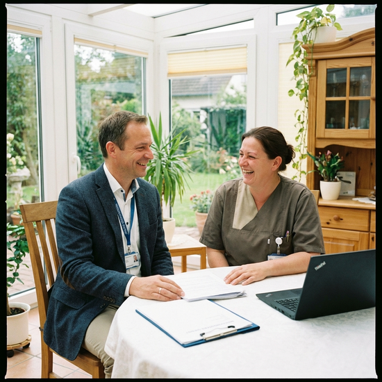 Ein Gutachter des Medizinischen Dienstes im freundlichen Gespräch mit einer Pflegekraft in einem hellen Zimmer.