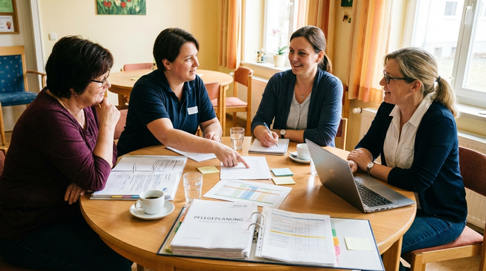 Angehörige und Sozialarbeiter sitzen an einem runden Tisch und besprechen Unterlagen zur Pflegeplanung.