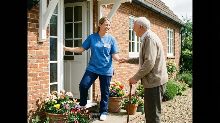Eine freundliche Pflegefachkraft begrüßt einen Patienten herzlich an der Haustür.