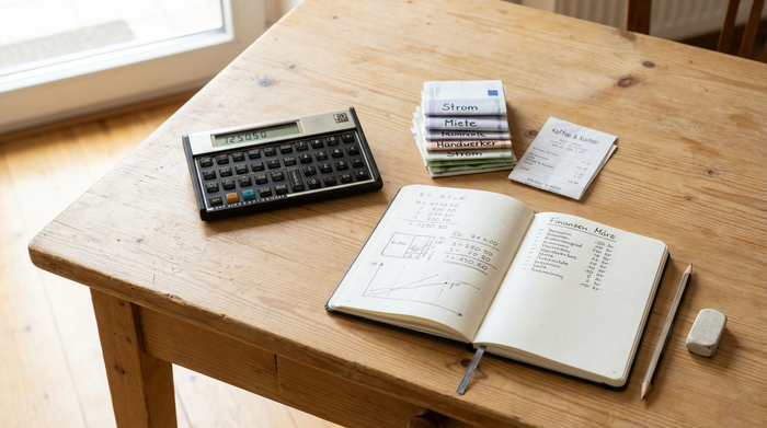 Ein Taschenrechner, geordnete Rechnungen und ein Notizblock liegen übersichtlich auf einem hellen Holztisch.