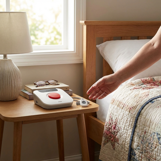 Ein Hausnotruf-Gerät liegt gut erreichbar auf einem kleinen Nachttisch neben einem Bett.
