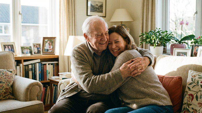 Eine Frau umarmt ihren älteren Vater liebevoll im Wohnzimmer, beide lächeln.