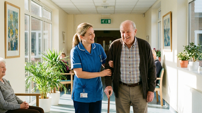 Freundliche Pflegerin hilft älterem Herrn im hellen Flur beim Gehen