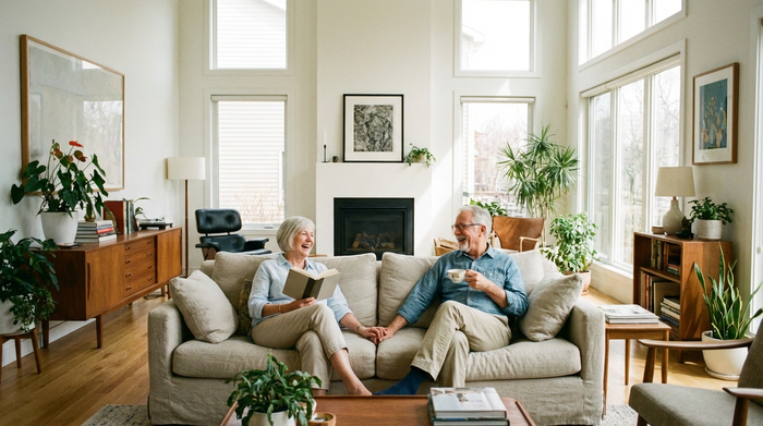 Älteres Ehepaar sitzt entspannt auf dem Sofa in einem hellen, modernisierten Wohnzimmer
