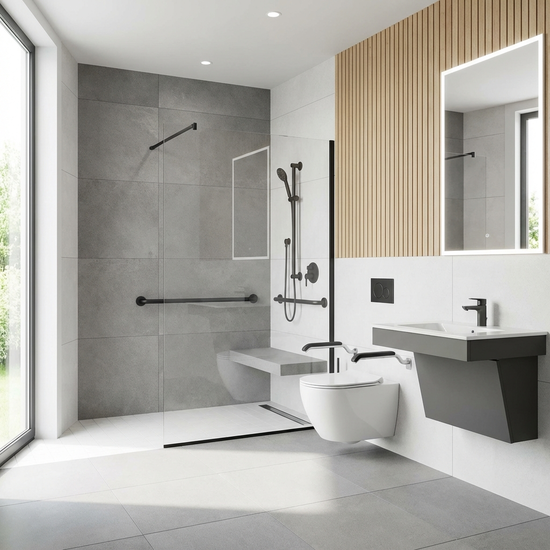 Modernes, barrierefreies Badezimmer mit bodengleicher Dusche und Haltegriffen an den Wänden
