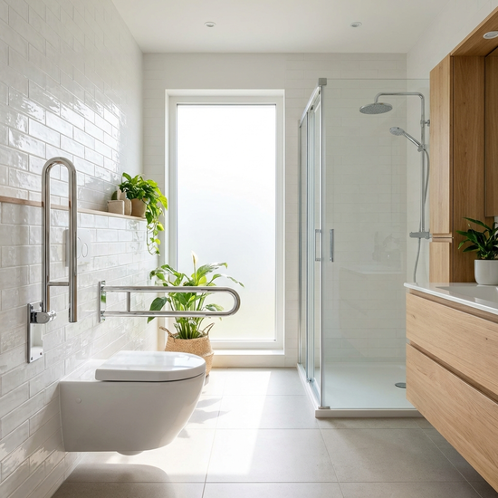 Haltegriffe neben einer Toilette in einem hellen Badezimmer