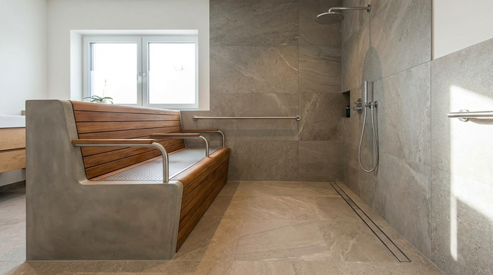 Sicherer Duschsitz in einer modernen, bodengleichen Dusche