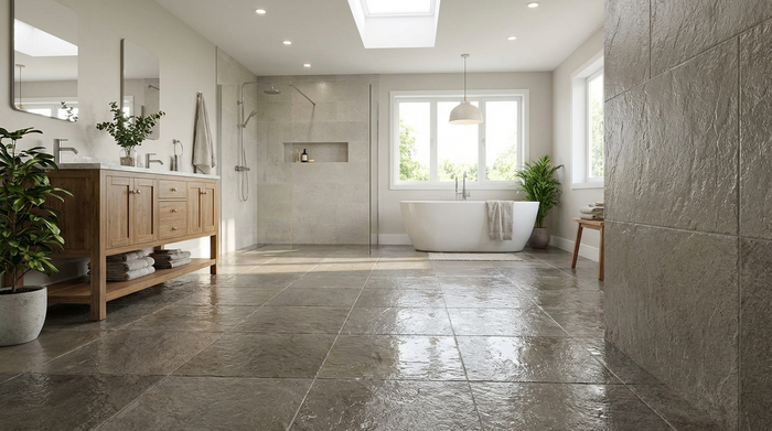 Rutschfeste Bodenfliesen in einem gut beleuchteten Bad